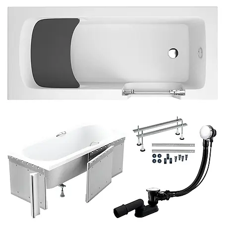 Bad Land  Freistehende Badewanne AVO Wanne 170 x 75 cm rechts Weiß Tür und Sitz, Set mit Styroporverkleidung