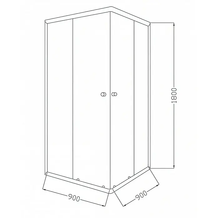 Bad Land Eckdusche PARLA Duschkabine quadratisch 90 x 90 x 180 cm Silber, 4 mm, Klarglas - Beschichtet, Silber, Stärke: 4 mm - Technische Zeichnung einer Viertelkreis-Duschkabine mit Maßen 900x900x1800 und zwei Flügeltüren.