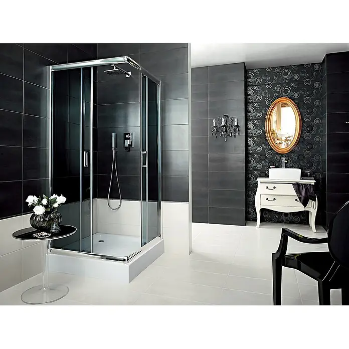 Bad Land Eckdusche FUNKIA Duschkabine quadratisch 80 x 80 x 185 cm Silber, 5 mm, Graphitglas - Beschichtet, Silber, Stärke: 5 mm - Moderne Glasduschkabine mit Chromrahmen und weißer Basis in einem stilvollen schwarz-weißen Badezimmer.
