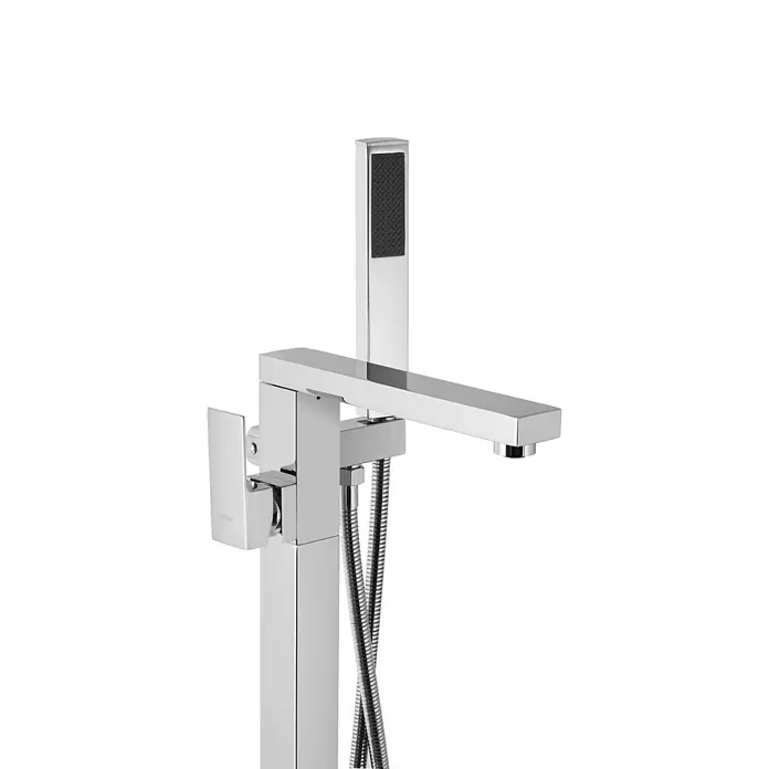 Bad Land Badewannenstandarmatur ANGO freistehende Badewannenarmatur Chrom - Chrom, Matt - Chromfarbener Stand-Badmischer mit quadratischem Auslauf und integrierter Handbrause.
