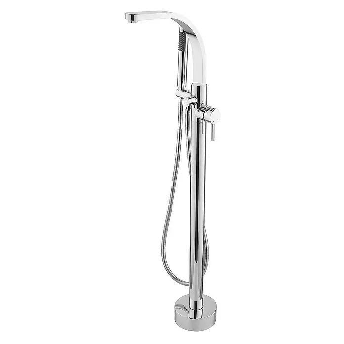 Bad Land Badewannenstandarmatur DECCO II freistehende Badewannenarmatur Chrom - Silber, Glänzend - Chromfarbene Standarmatur für Badewanne mit quadratischem Auslauf und Handbrause.