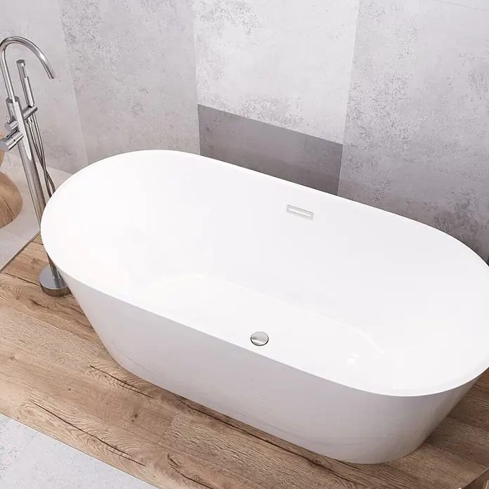 Bad Land Badewannenstandarmatur LUGO freistehende Badewannenarmatur Chrom - Chrom, Matt - Weiße freistehende Badewanne in modernem Bad mit Standarmatur.