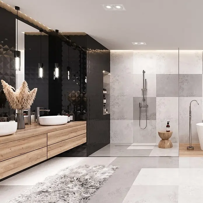 Bad Land Badewannenstandarmatur LUGO freistehende Badewannenarmatur Chrom - Chrom, Matt - Modernes Badezimmer mit hellem Holzwaschtisch und zwei Aufsatzwaschbecken.