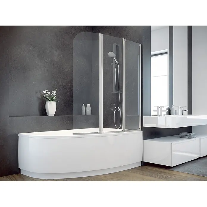 Bad Land Badewannenaufsatz Badewannenaufsatz 3-teilig AMBITION 3 123,5x139 cm ESG 4 mm Klarglas Silber - 3 Stk., Transparent / Silber