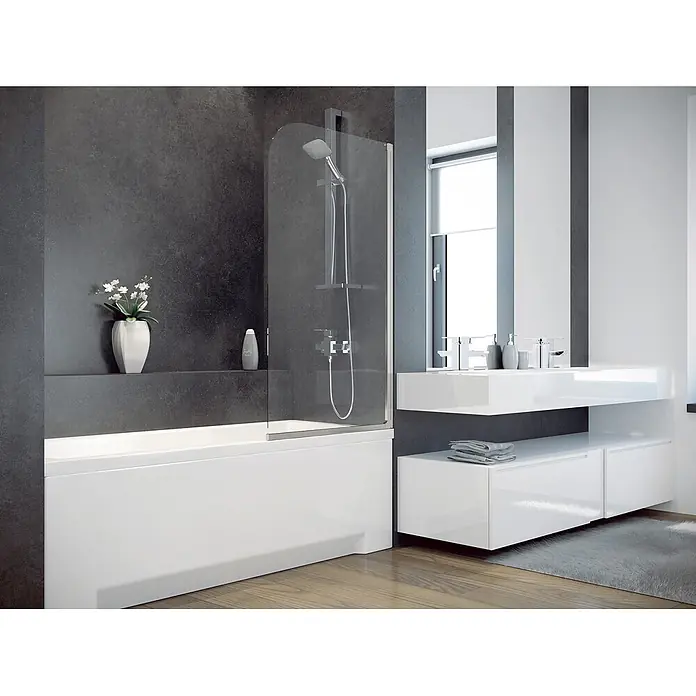 Bad Land Badewannenaufsatz Badewannenaufsatz 1-teilig AMBITION 1 75x130 cm ESG 5 mm Klarglas Silber - 1 Stk., Transparent / Silber