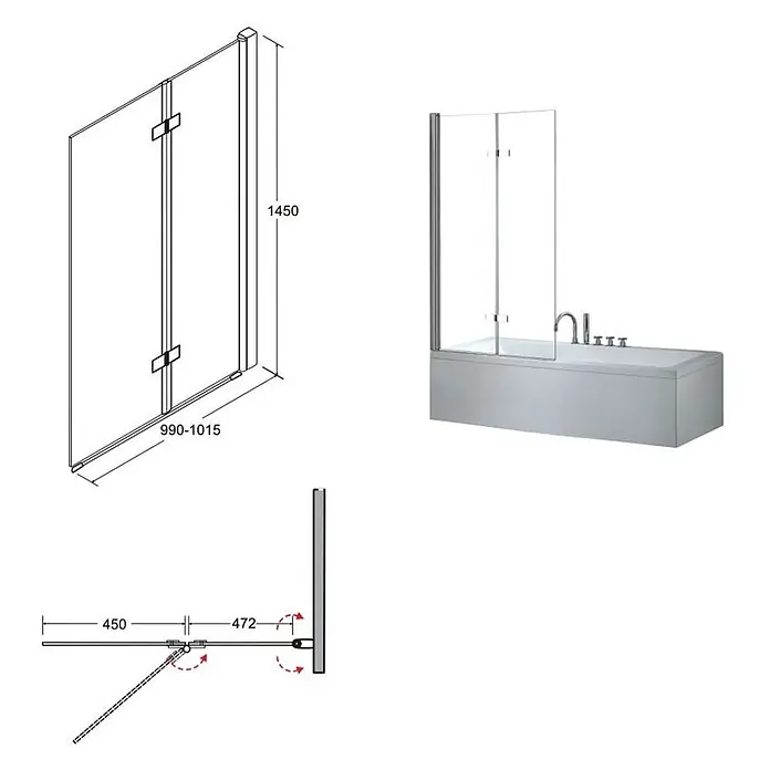 Bad Land Badewannenaufsatz Badewannenaufsatz 2-teilig LUMIX 100x145 cm ESG 6 mm Klarglas Schwarz - 2 Stk., Transparent / Schwarz