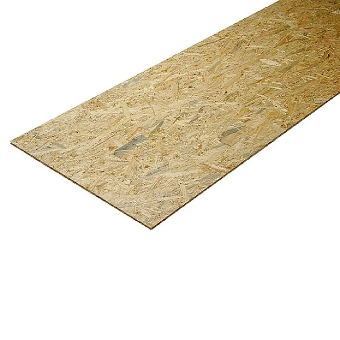 OSB-Verlegeplatte - 2.500 x 675 x 22 mm - Nahaufnahme einer einzelnen OSB-Platte, die für Bau- und Heimwerkerprojekte verwendet wird, und ihre einzigartige Holzspäne-Textur zeigt.