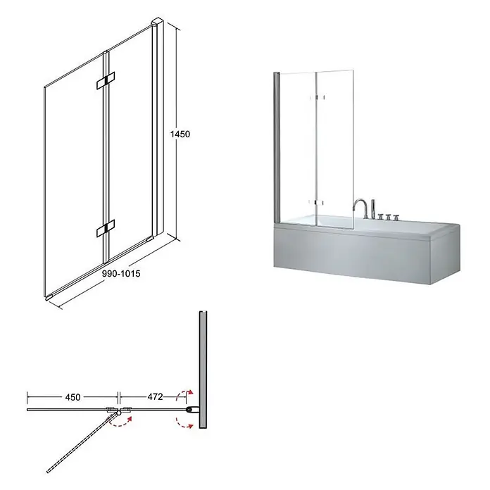 Bad Land Badewannenaufsatz Badewannenaufsatz 2-teilig LUMIX 100x145 cm ESG 6 mm Klarglas Silber - 2 Stk., Transparent / Silber