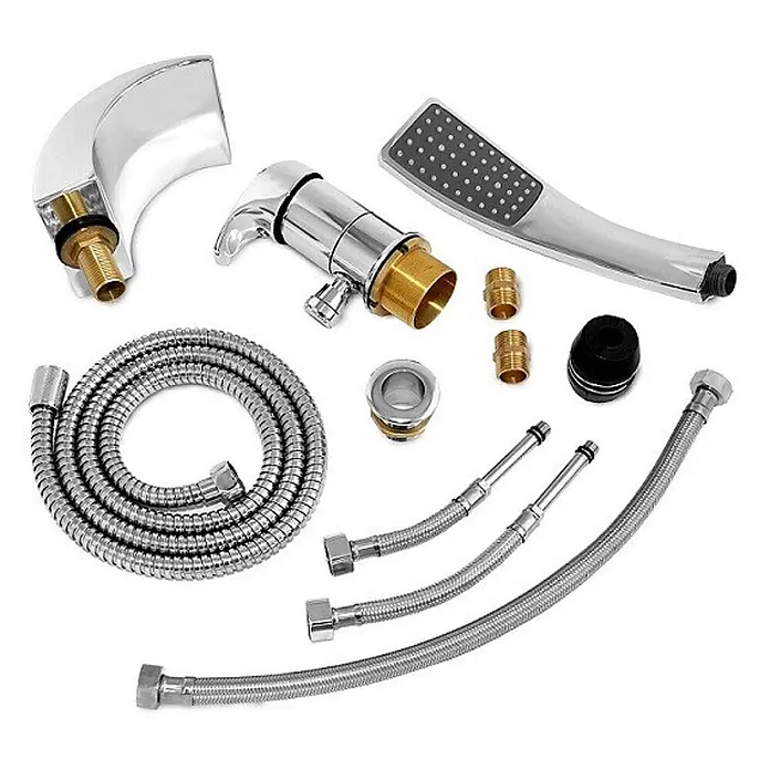 Bad Land Badewannenrandarmatur RIVEN Badewannenrandarmatur Set 3-Loch Chrom Riven - Silber, Glänzend - Verchromtes Badarmaturen-Set mit Auslauf, Handbrause, Schläuchen und verschiedenen Anschlüssen.