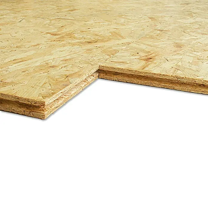 OSB-Verlegeplatte Palette2.050 x 675 x 15 mm, 68 Stk. - Nahaufnahme einer OSB-Platte, die die Textur und die Zusammensetzung des Holzwerkstoffs hervorhebt. Ideal für Bau- und Renovierungsprojekte.