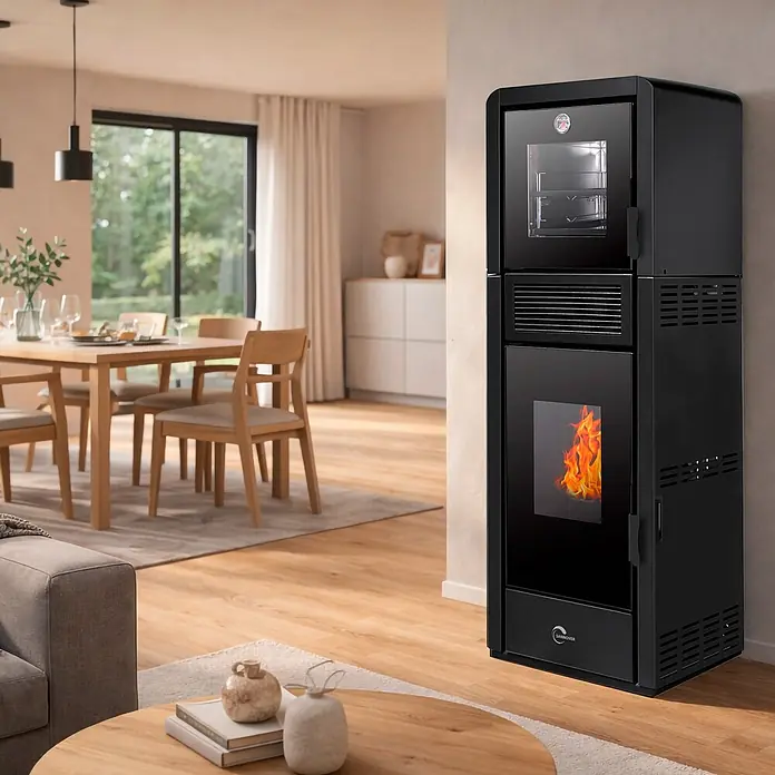 Sannover Pelletofen mit Backofen Ardoria 13 kW - 14,9 kW, Raumheizvermögen: 310 m³, 2,4 kg/h, Farbe Verkleidung: Schwarz
