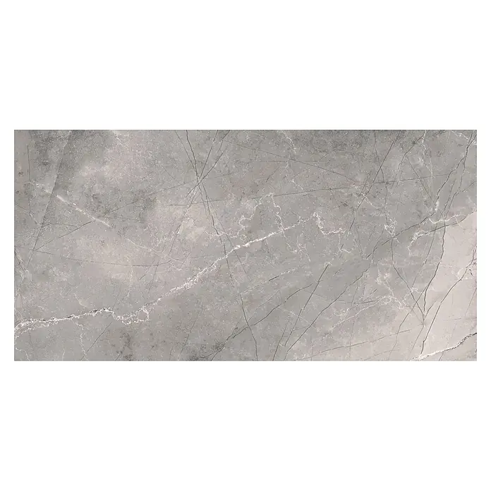 Palazzo Feinsteinzeugfliese Jordan - 60 x 120 cm, Gris, Glänzend - Große graue Marmorfliese mit auffälligen weißen Adern und feinen, dunklen kratzerartigen Linien.