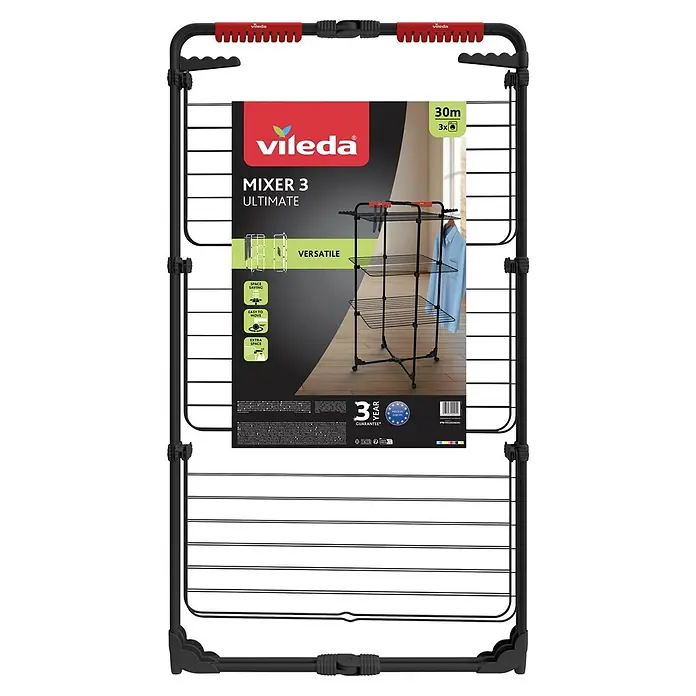Vileda Turm-Wäscheständer Mixer 3 Ultimate - Länge Wäscheleine: 30 m, L x B x H: 69 x 74 x 132 cm, Schwarz - Vorderansicht