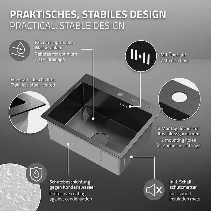 ML-Design Einbauspüle Anthrazit Einzelbecken Waschbecken Küche Spüle Edelstahlspüle - 55 x 45 cm, Stahl