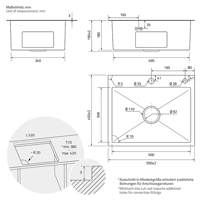 ML-Design Einbauspüle Anthrazit Einzelbecken Waschbecken Küche Spüle Edelstahlspüle - 55 x 45 cm, Stahl