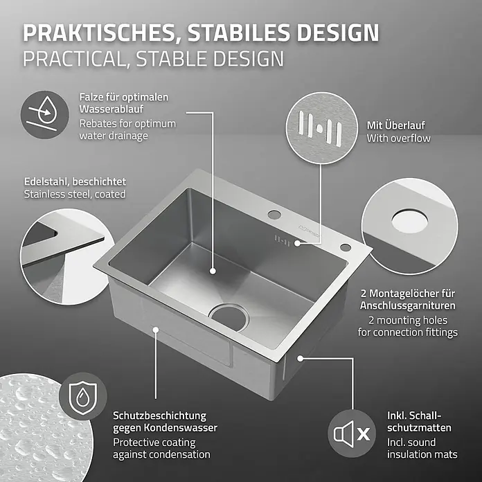 ML-Design Einbauspüle Silber Einzelbecken Waschbecken Küche Spüle Edelstahlspüle - 55 x 45 cm, Stahl