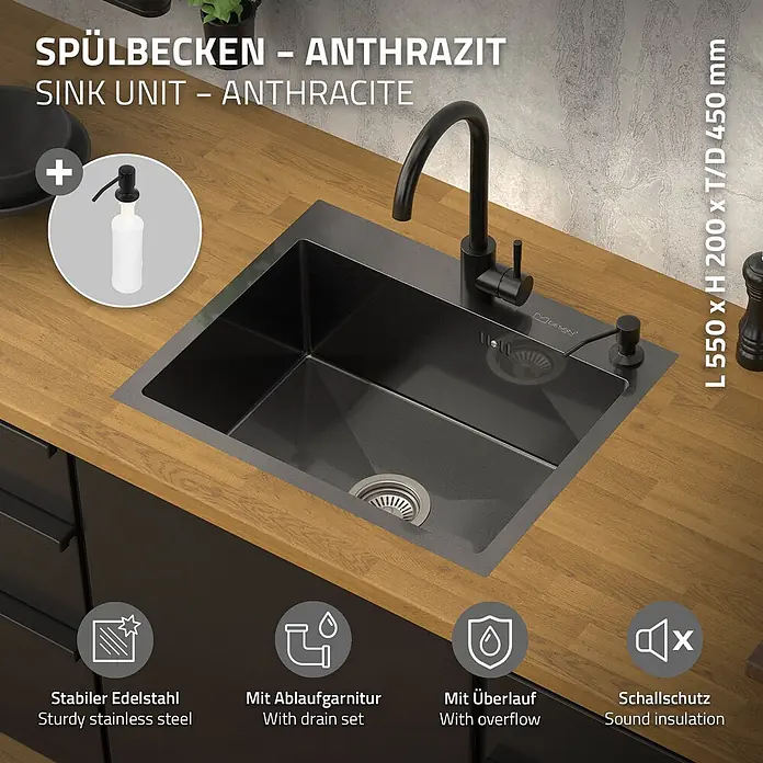 ML-Design Einbauspüle Anthrazit Einzelbecken Waschbecken Küche Spüle Edelstahlspüle - 55 x 45 cm, Stahl