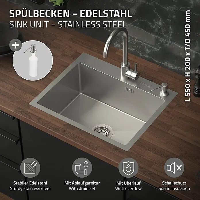 ML-Design Einbauspüle Silber Einzelbecken Waschbecken Küche Spüle Edelstahlspüle - 55 x 45 cm, Stahl