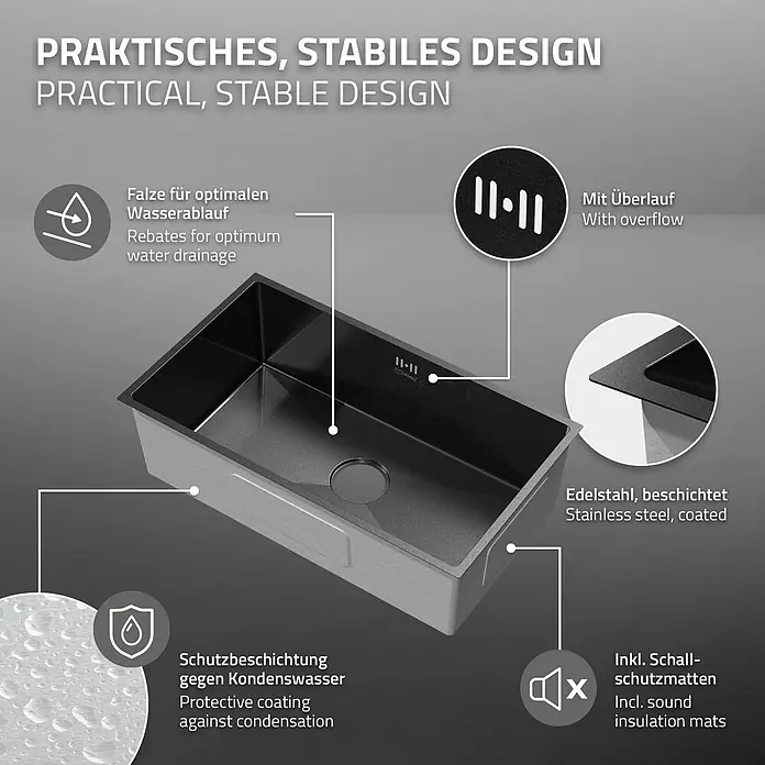 ML-Design Einbauspüle Anthrazit Einzelbecken Waschbecken Küche Spüle Edelstahlspüle - 70 x 40 cm, Stahl