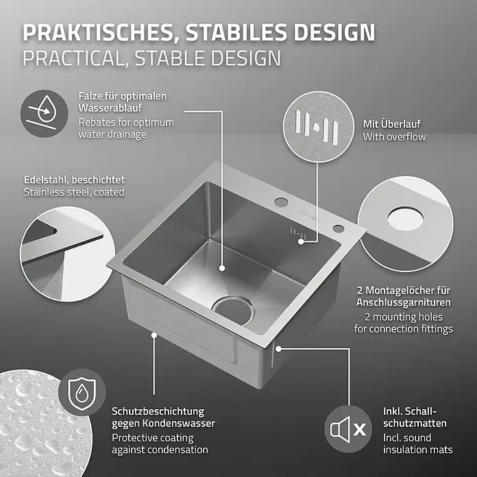 ML-Design Einbauspüle Silber Einzelbecken Waschbecken Küche Spüle Edelstahlspüle - 45 x 45 cm, Stahl