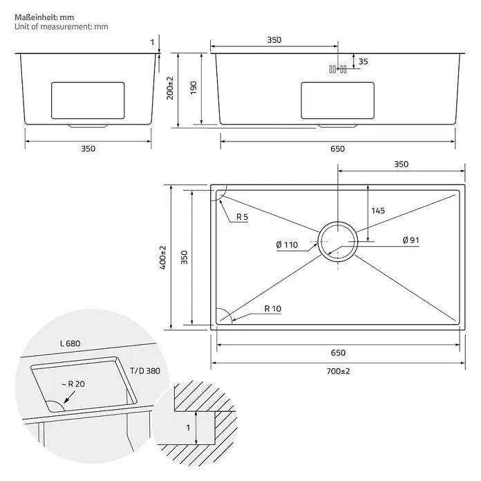 ML-Design Einbauspüle Silber Einzelbecken Waschbecken Küche Spüle Edelstahlspüle - 70 x 40 cm, Stahl