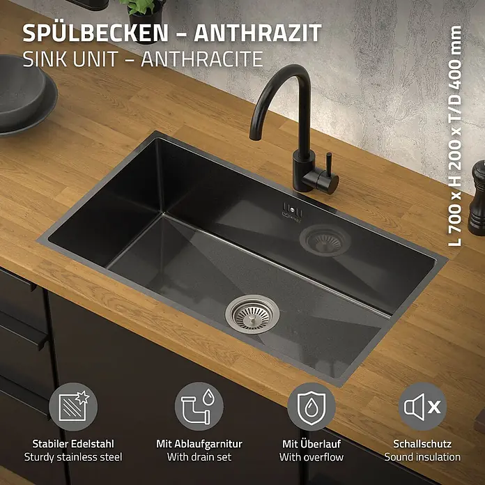 ML-Design Einbauspüle Anthrazit Einzelbecken Waschbecken Küche Spüle Edelstahlspüle - 70 x 40 cm, Stahl