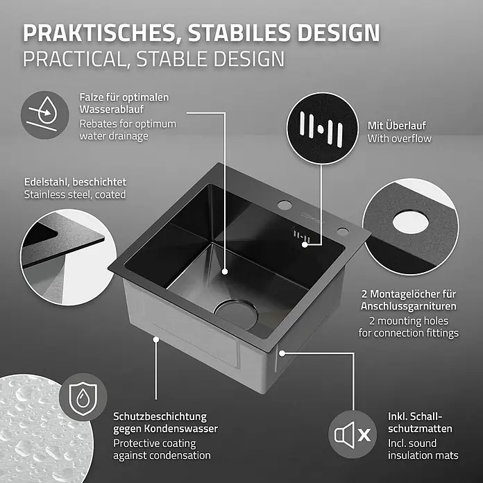 ML-Design Einbauspüle Anthrazit Einzelbecken Waschbecken Küche Spüle Edelstahlspüle - 45 x 45 cm, Stahl