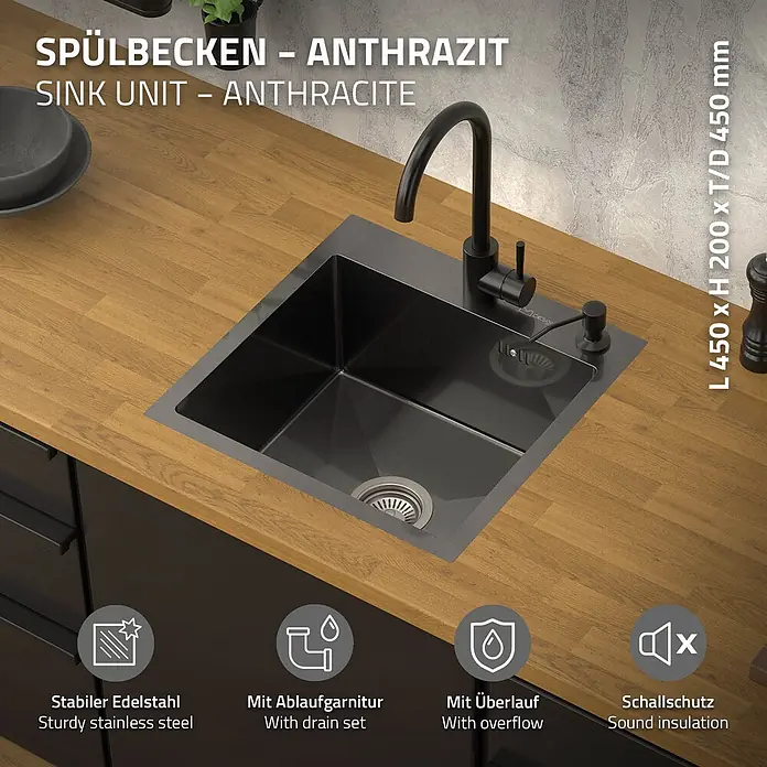 ML-Design Einbauspüle Anthrazit Einzelbecken Waschbecken Küche Spüle Edelstahlspüle - 45 x 45 cm, Stahl