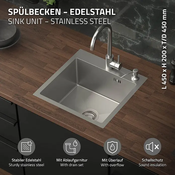 ML-Design Einbauspüle Silber Einzelbecken Waschbecken Küche Spüle Edelstahlspüle - 45 x 45 cm, Stahl