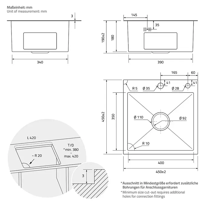 ML-Design Einbauspüle Anthrazit Einzelbecken Waschbecken Küche Spüle Edelstahlspüle - 45 x 45 cm, Stahl