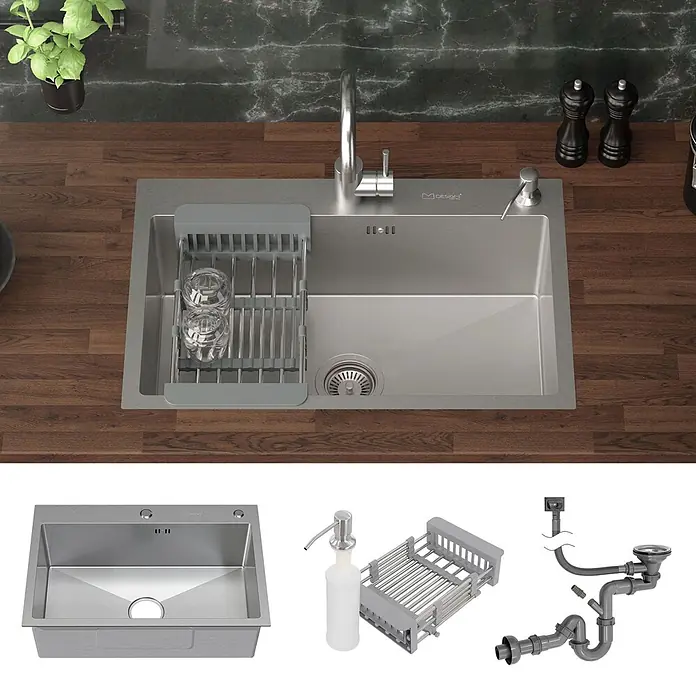 ML-Design Einbauspüle Silber Einzelbecken Waschbecken Küche Spüle Edelstahlspüle - 68 x 45 cm, Stahl