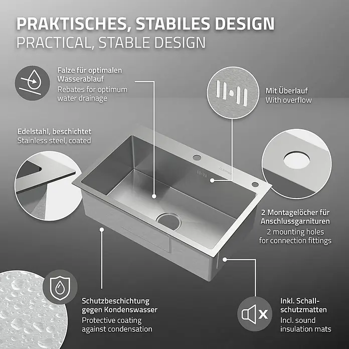 ML-Design Einbauspüle Silber Einzelbecken Waschbecken Küche Spüle Edelstahlspüle - 68 x 45 cm, Stahl