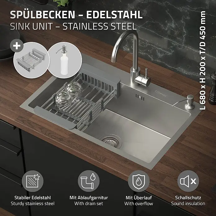 ML-Design Einbauspüle Silber Einzelbecken Waschbecken Küche Spüle Edelstahlspüle - 68 x 45 cm, Stahl