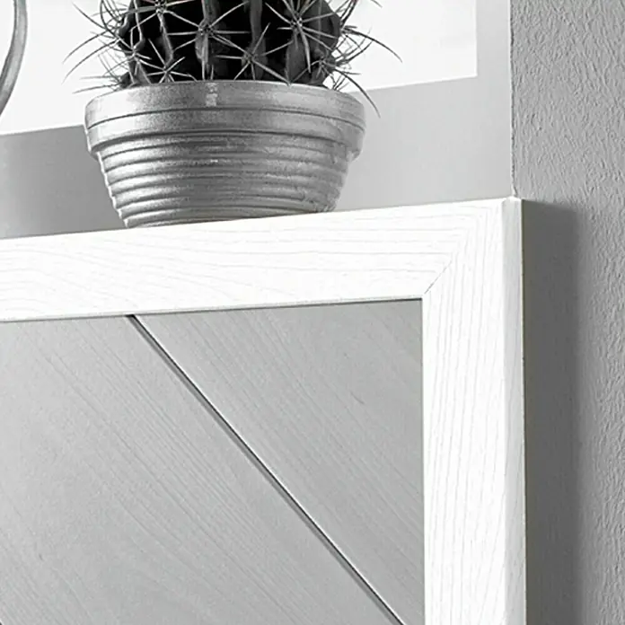 LOGOCLIC Winkelleiste Edelweiß Pore - 260 cm x 22 mm x 42 mm, MDF - Nahaufnahme eines Deko-Kaktus im Topf auf einem weißen Holzrahmen. Der Fokus liegt auf der natürlichen Holzstruktur und den Grautönen.