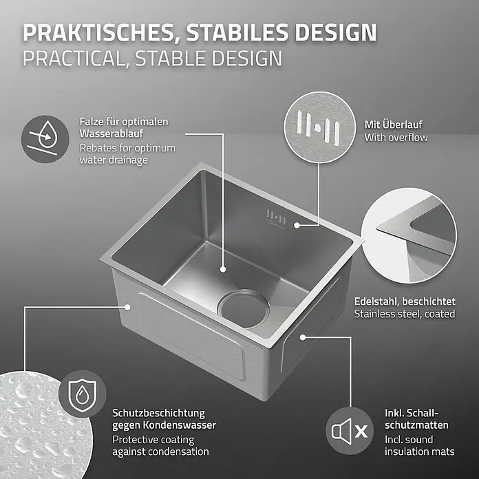 ML-Design Einbauspüle Silber Einzelbecken Waschbecken Küche Spüle Edelstahlspüle - 40 x 34 cm, Stahl