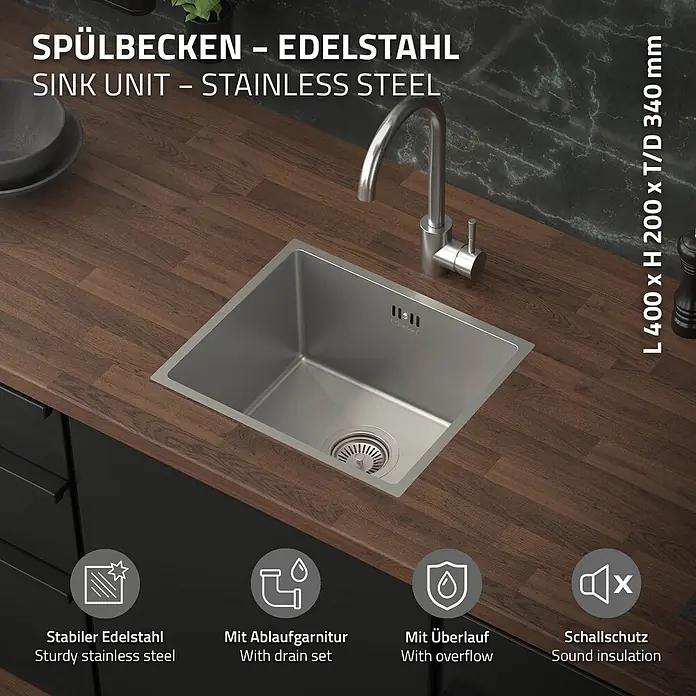 ML-Design Einbauspüle Silber Einzelbecken Waschbecken Küche Spüle Edelstahlspüle - 40 x 34 cm, Stahl