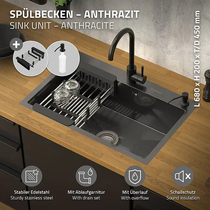 ML-Design Einbauspüle Edelstahl 68x45 cm Anthrazit mit Abtropfkorb Seifenspender - 68 x 45 cm, Stahl