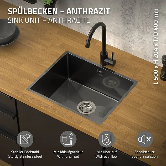 ML-Design Einbauspüle Edelstahl 50x40 cm Anthrazit mit Ablaufgarnitur - 50 x 40 cm, Stahl