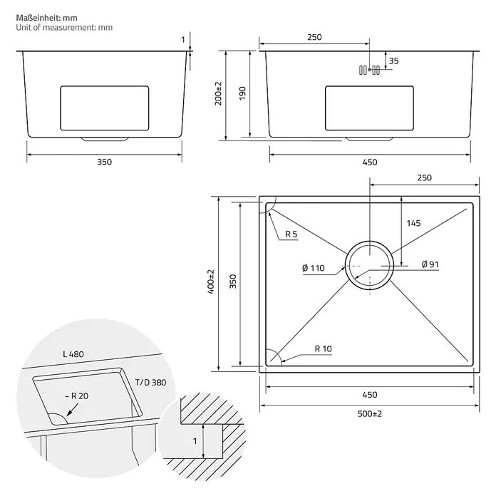ML-Design Einbauspüle Edelstahl 50x40 cm Anthrazit mit Ablaufgarnitur - 50 x 40 cm, Stahl