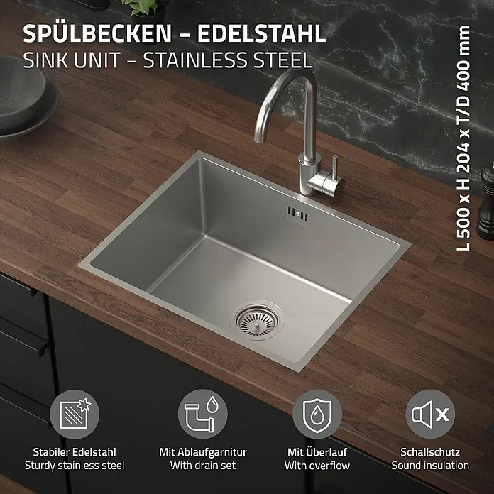 ML-Design Einbauspüle Silber Einzelbecken Waschbecken Küche Spüle Edelstahlspüle - 50 x 40 cm, Stahl