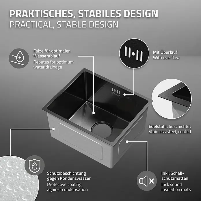 ML-Design Einbauspüle Anthrazit Einzelbecken Waschbecken Küche Spüle Edelstahlspüle - 40 x 34 cm, Stahl