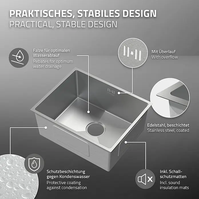 ML-Design Einbauspüle Silber Einzelbecken Waschbecken Küche Spüle Edelstahlspüle - 50 x 40 cm, Stahl