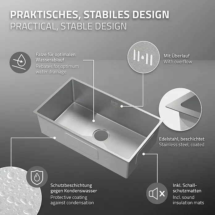 ML-Design Einbauspüle Silber Einzelbecken Waschbecken Küche Spüle Edelstahlspüle - 70 x 40 cm, Stahl
