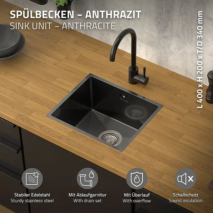 ML-Design Einbauspüle Anthrazit Einzelbecken Waschbecken Küche Spüle Edelstahlspüle - 40 x 34 cm, Stahl