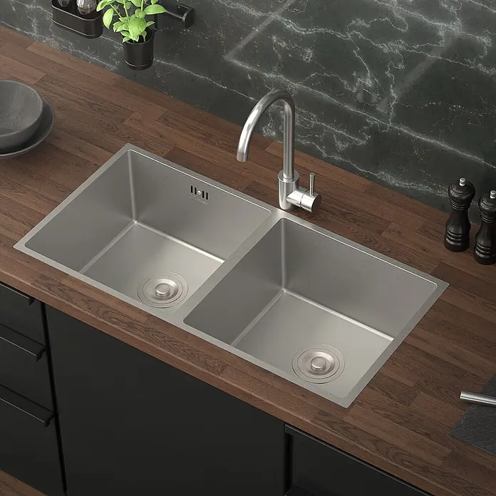 ML-Design Einbauspüle Doppelbecken Silber rechteckig Unterbauspüle mit Siphon - 81,5 x 40 cm, Stahl