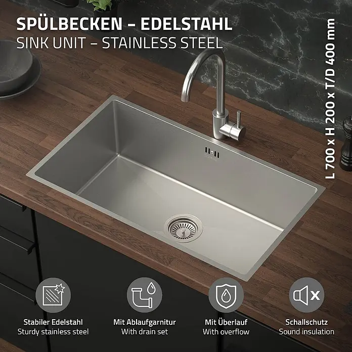 ML-Design Einbauspüle Silber Einzelbecken Waschbecken Küche Spüle Edelstahlspüle - 70 x 40 cm, Stahl