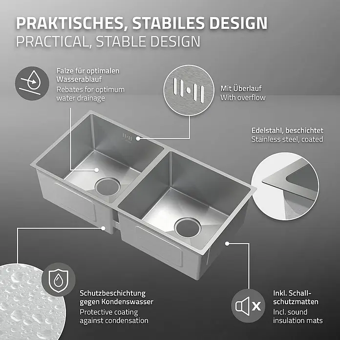 ML-Design Einbauspüle Doppelbecken Silber rechteckig Unterbauspüle mit Siphon - 81,5 x 40 cm, Stahl