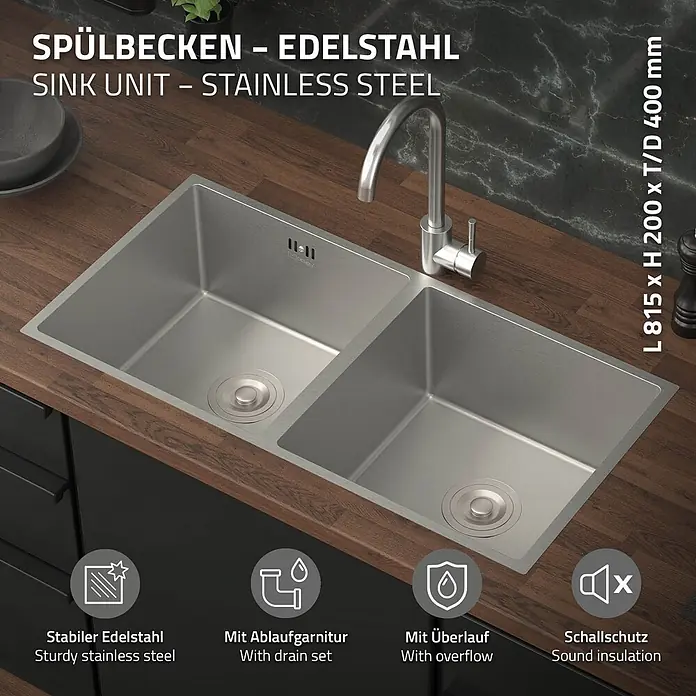 ML-Design Einbauspüle Doppelbecken Silber rechteckig Unterbauspüle mit Siphon - 81,5 x 40 cm, Stahl
