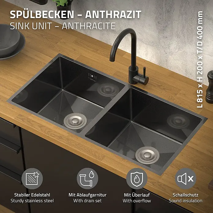 ML-Design Einbauspüle Doppelbecken Anthrazit rechteckig Einbauspüle Unterbauspüle mit Siphon - 81,5 x 40 cm, Stahl