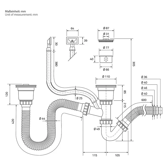 ML-Design Einbauspüle Doppelbecken Anthrazit rechteckig Einbauspüle Unterbauspüle mit Siphon - 81,5 x 40 cm, Stahl